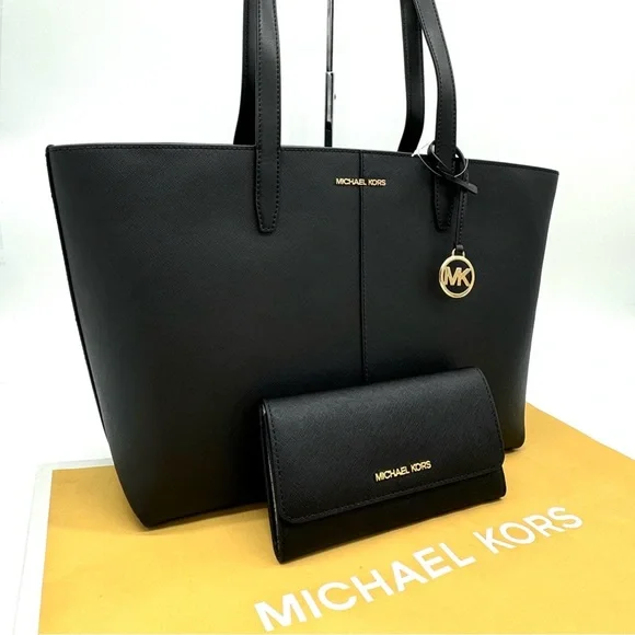 Michael Kors MD Zip Top Tote Bag Large Trifold Wallet Black
